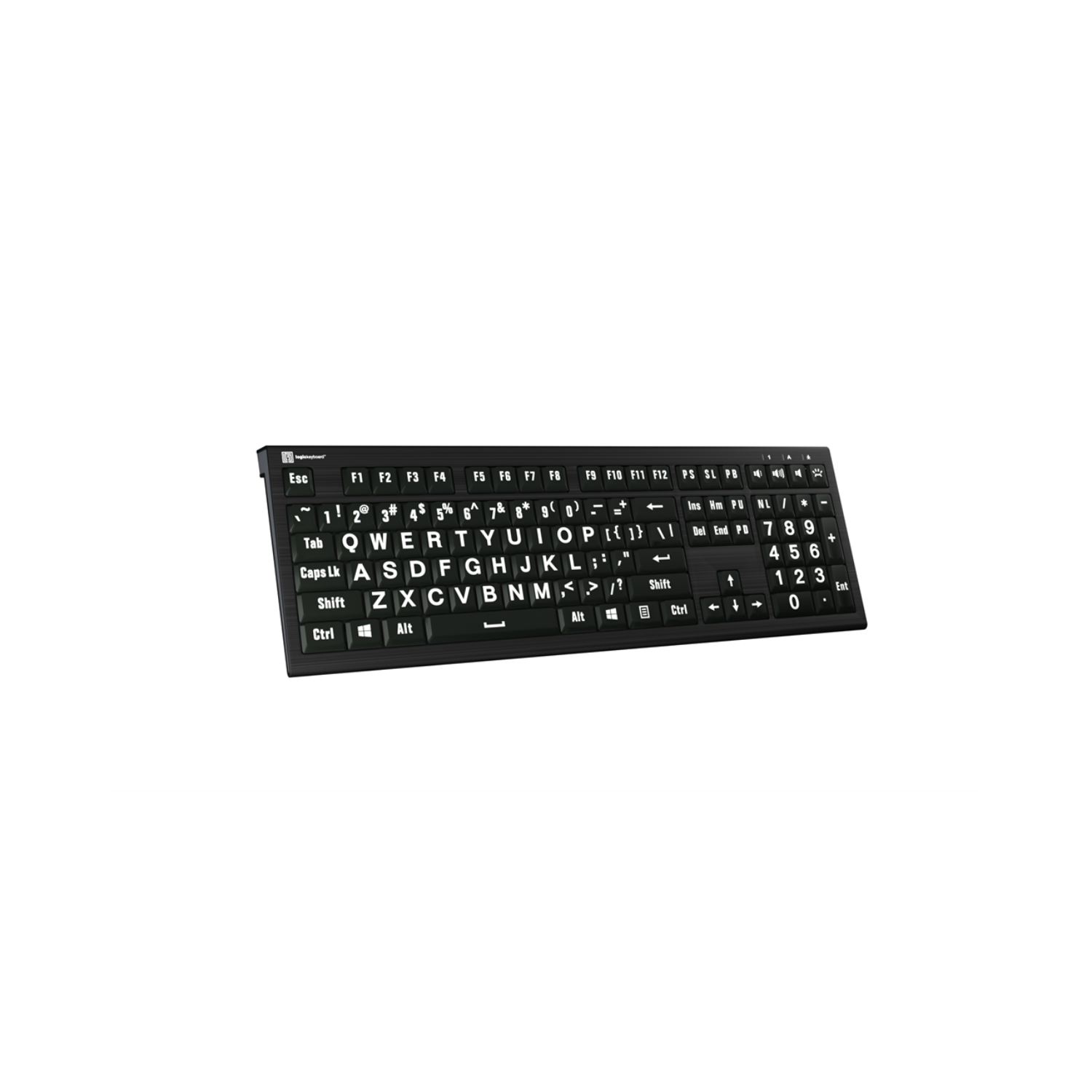 Angle Image of the Astra 2 largeprint backlit white on black keyboard from LogicKeyboard.