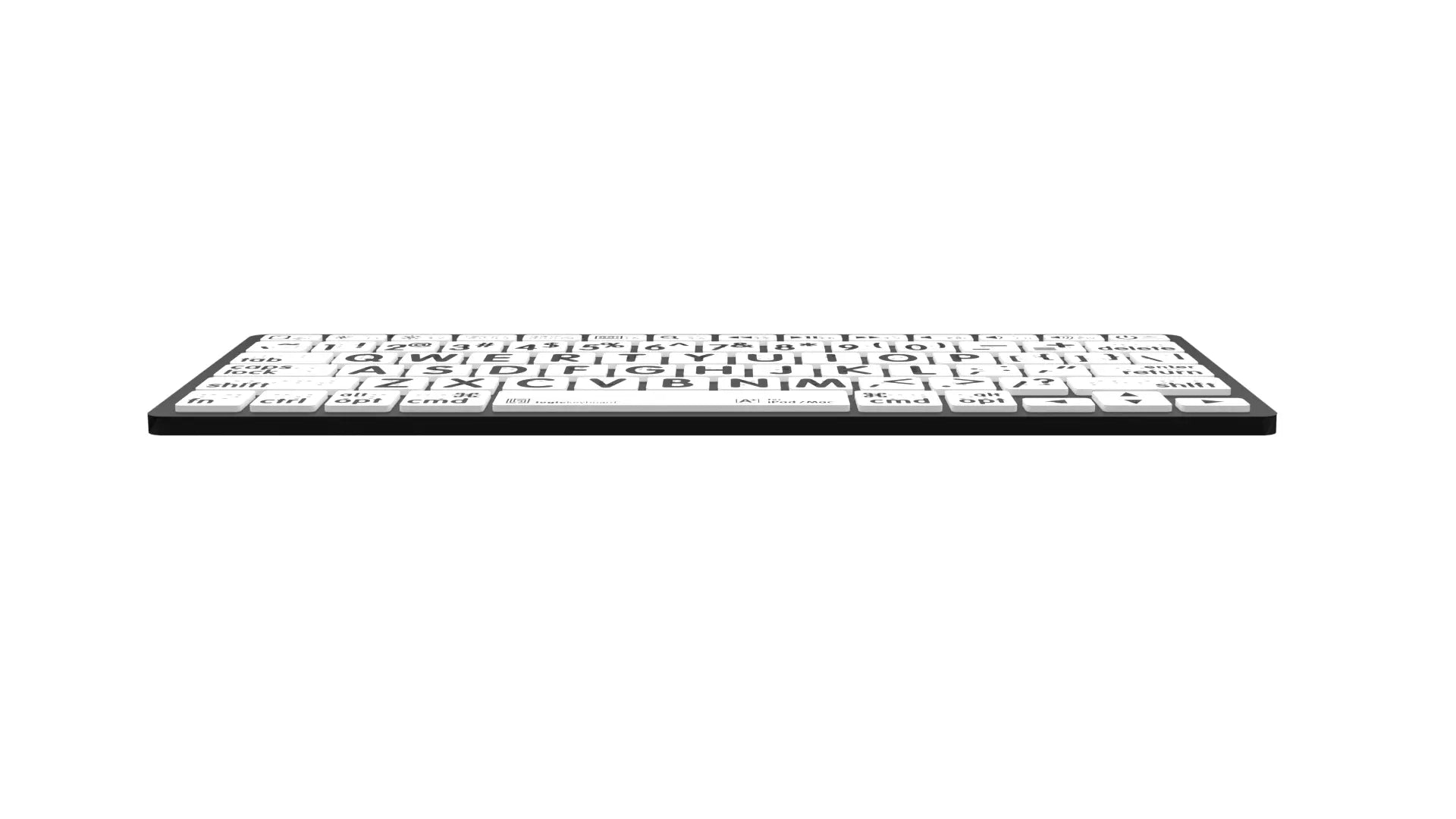 Image of the front edge of the Braille & LargePrint Black on White Bluetooth Keyboard for Mac from LogicKeyboard