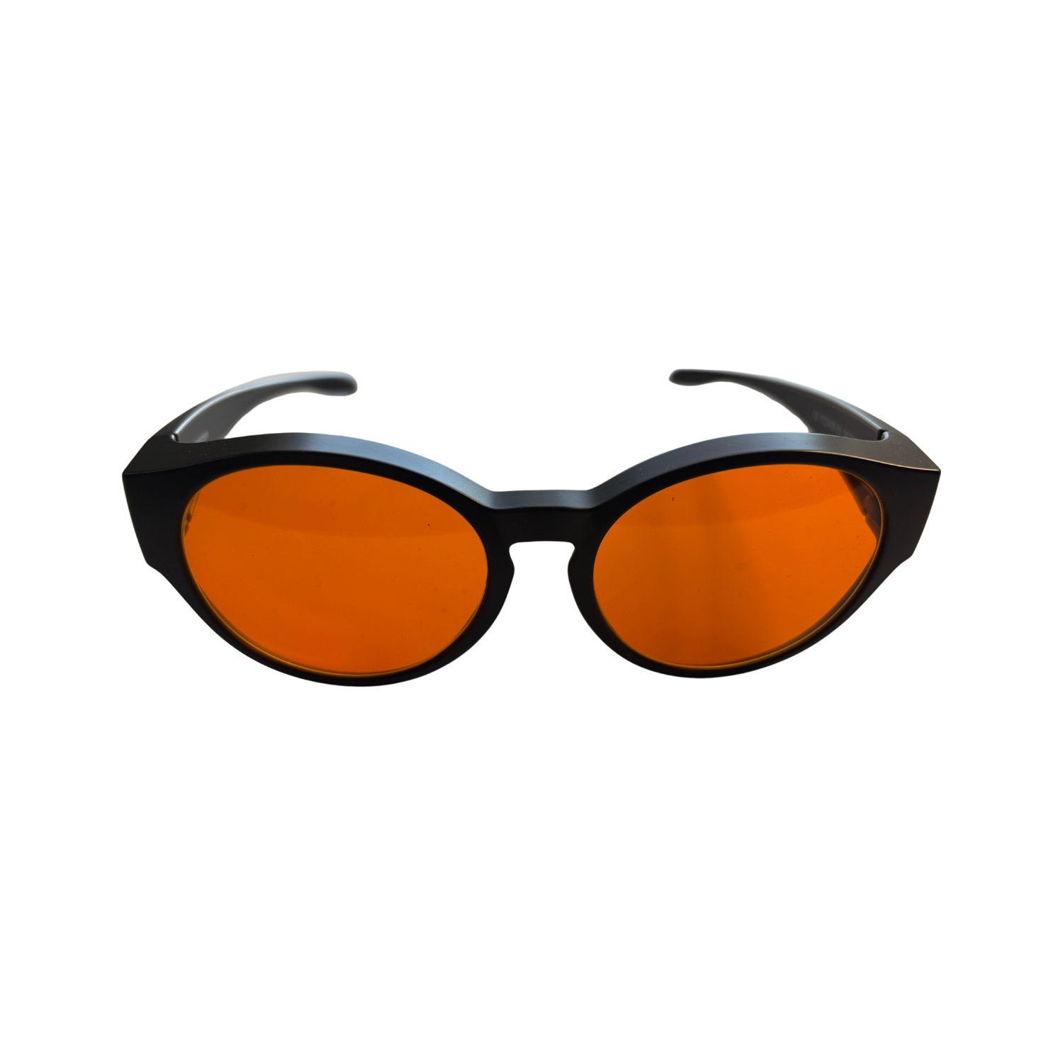 Image of Schweizer's FC4 black frame blue light blocking glasses with orange tint.