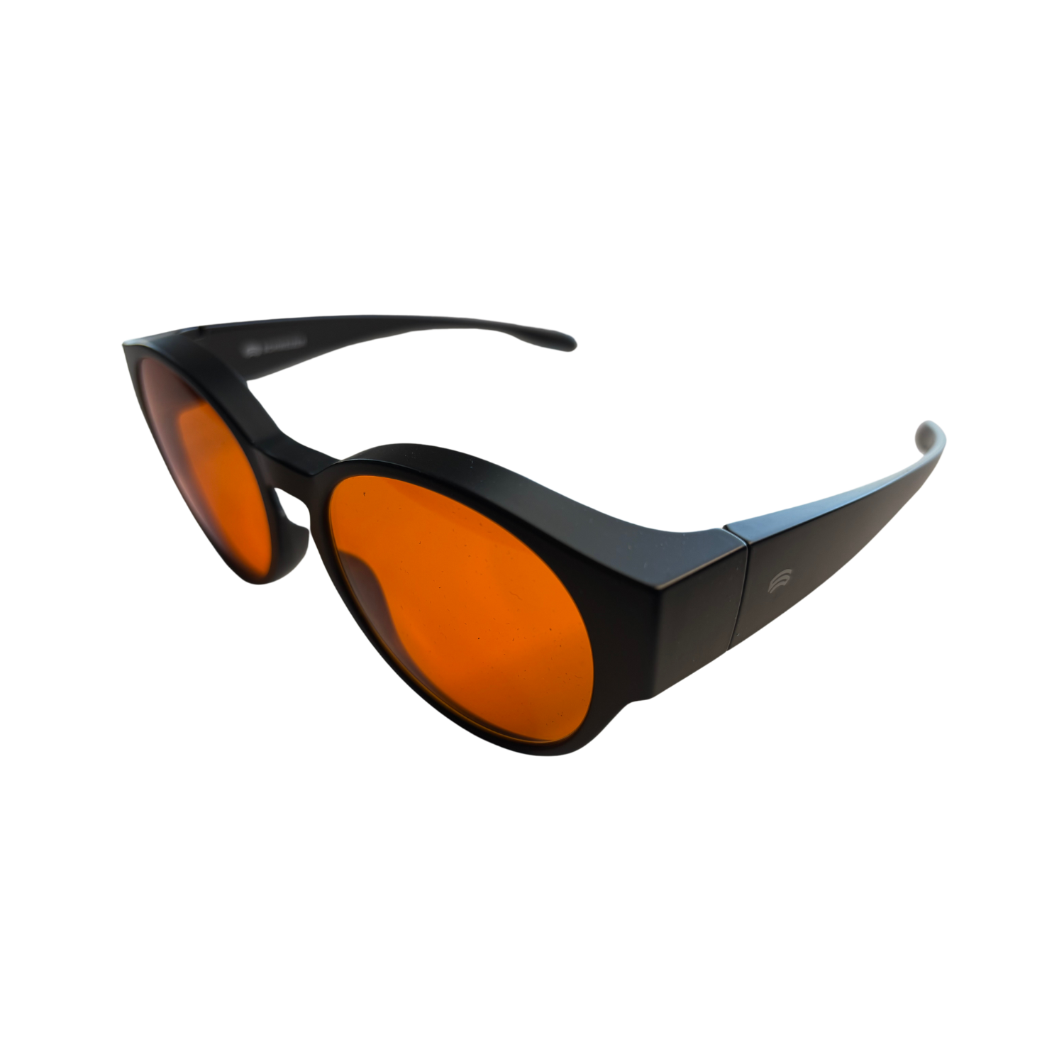 Side image of Schweizer's FC4 black frame blue light blocking glasses with orange tint.