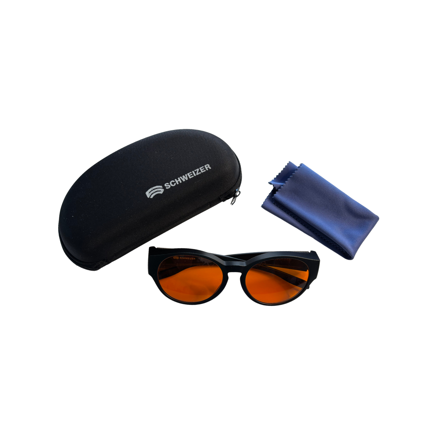 Image of Schweizer's FC4 black frame blue light blocking glasses with orange tint with included microfiber cloth and case.