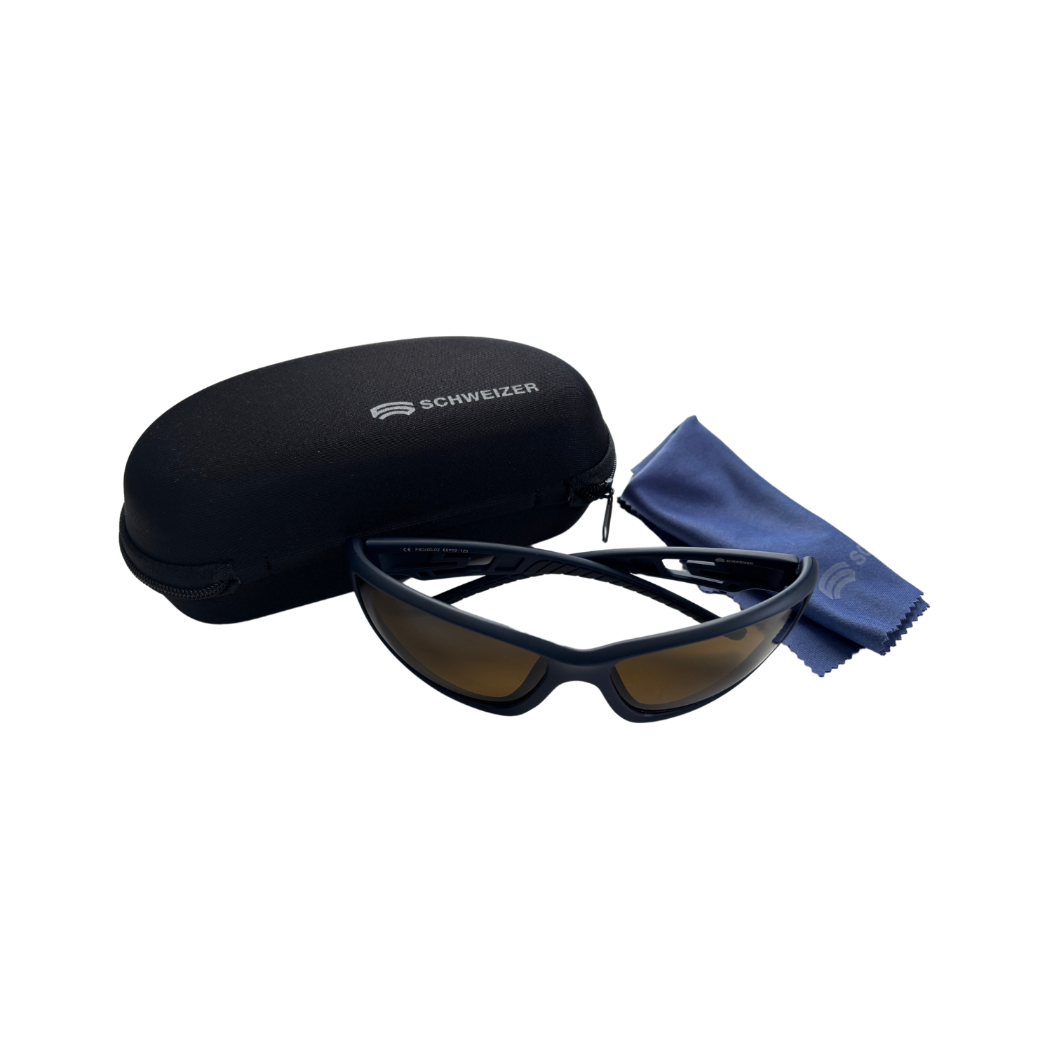 Image of the FS4 sport frames with C500 Polarized dark brown lenses from Schweizer with included case and cleaning cloth.