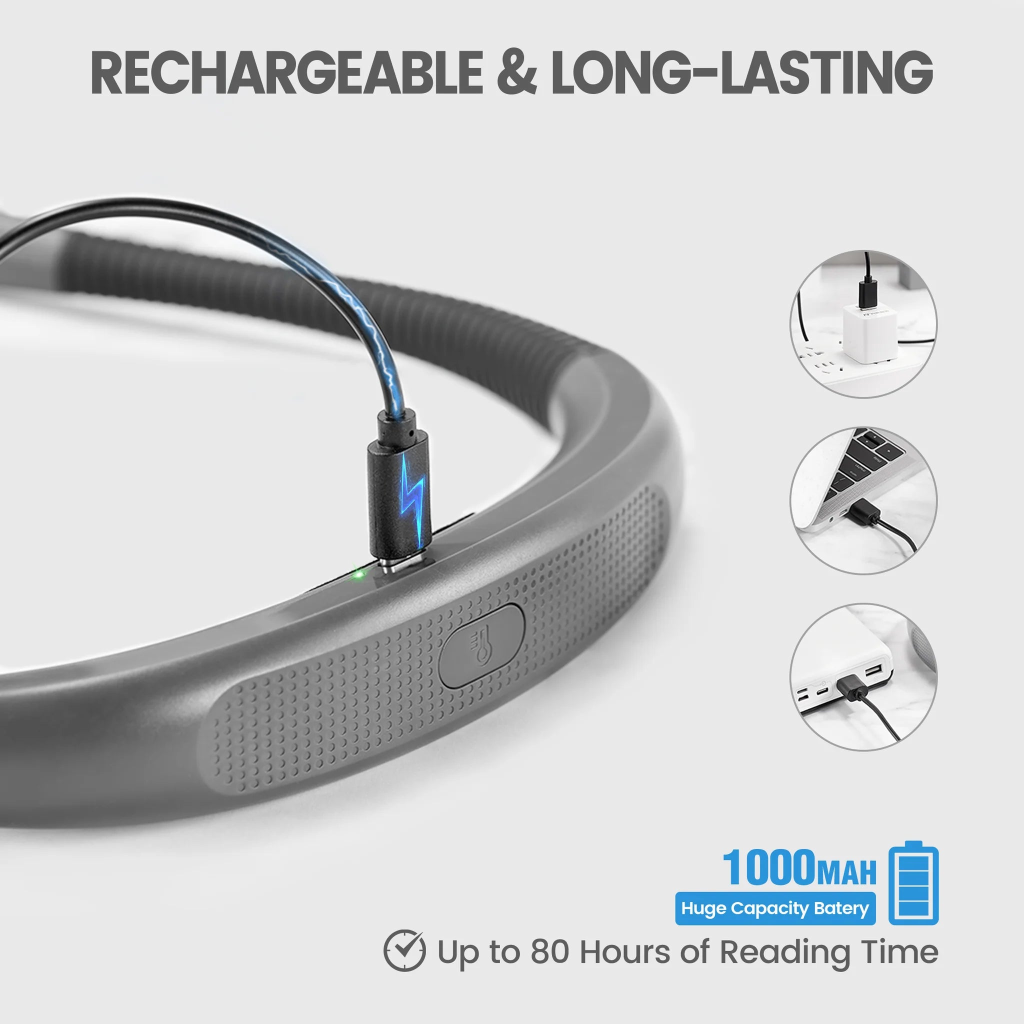 Image of the rechargeable function of the Glocusent Original Neck Reading Light.