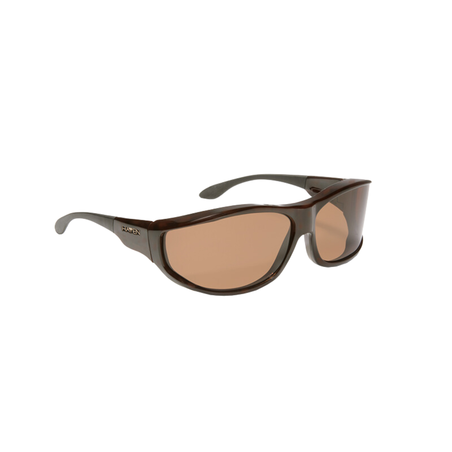 Image of the Eschenbach Haven Malloy large fit-over polarized sunglasses with brown frames and amber tint.