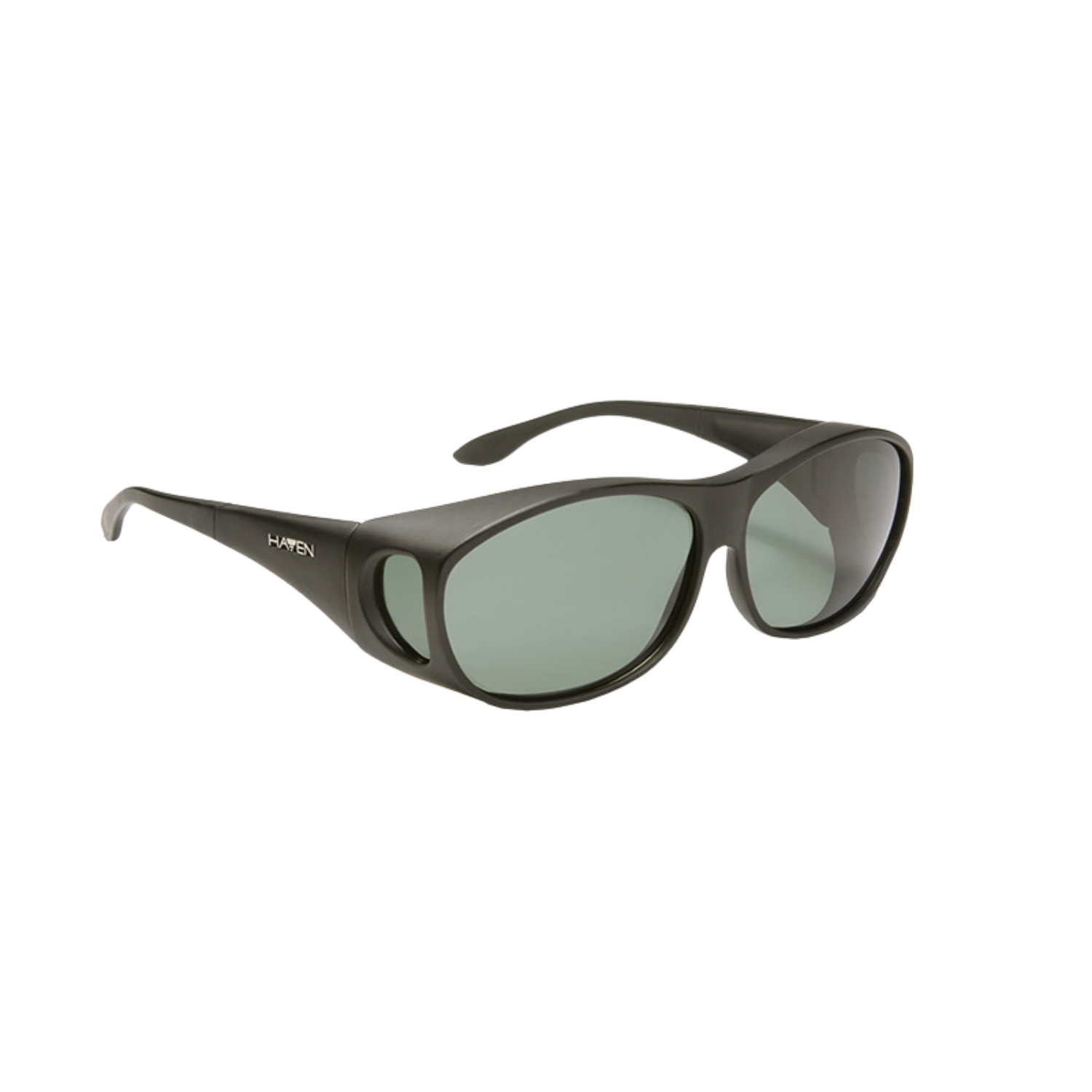 Image of the Eschenbach medium frame Haven Meridian polarized sunglasses with black fit-over frames and gray lenses.