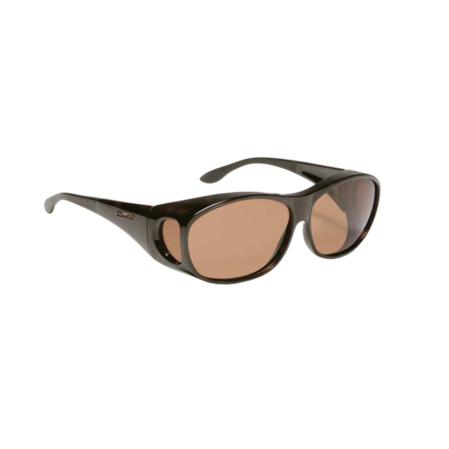 Image of the Haven Meridian polarized fit-over sunglasses with amber tint and brown frames.