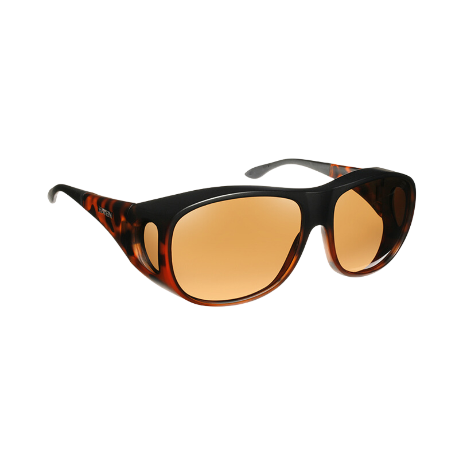 Image of Eschenbach's Haven Summerwood large fit-over polarized sunglasses with brown tortoise frames and amber lenses.