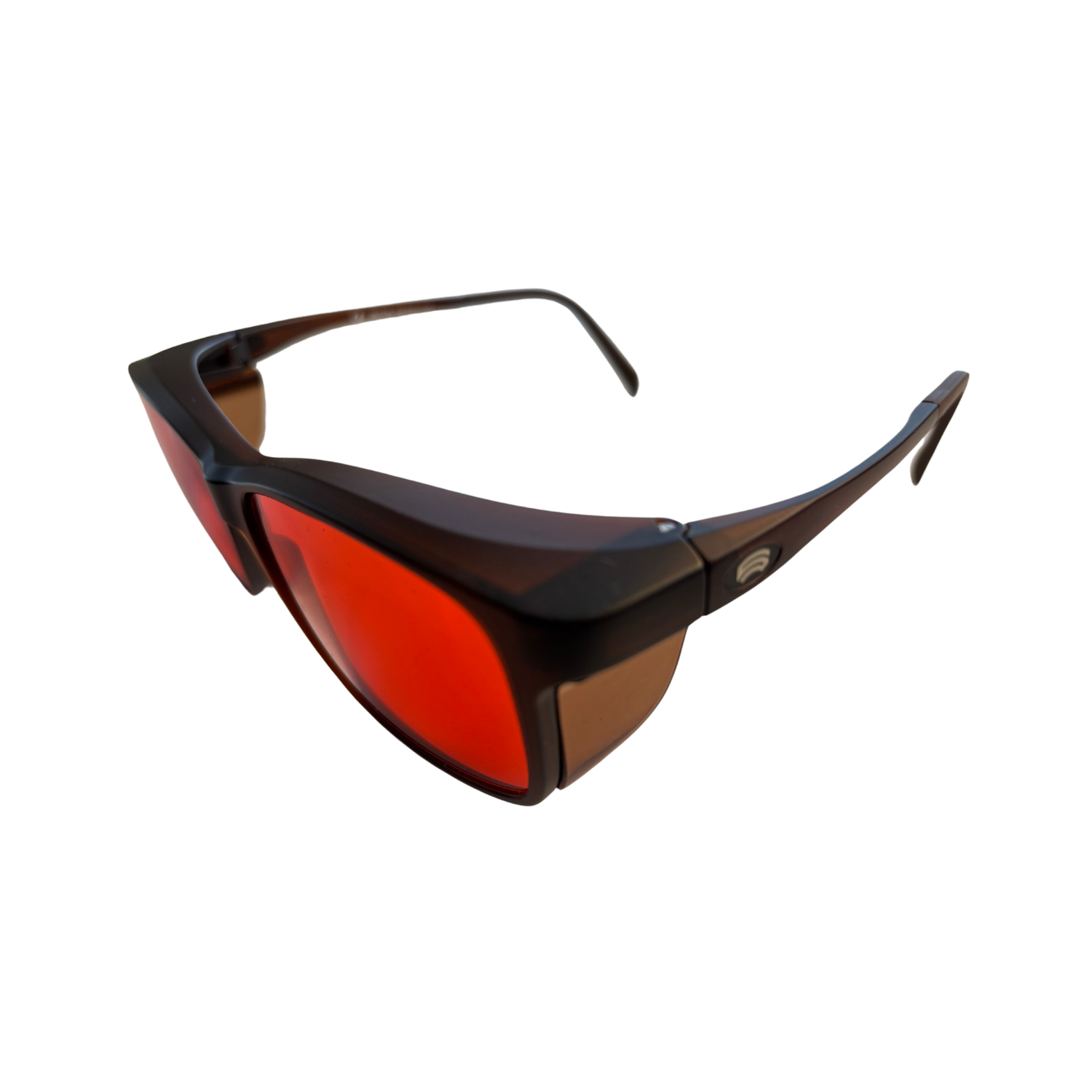 Image of the side of Schweizer's FC3 wrap-around glasses with brown frames and dark orange tint.