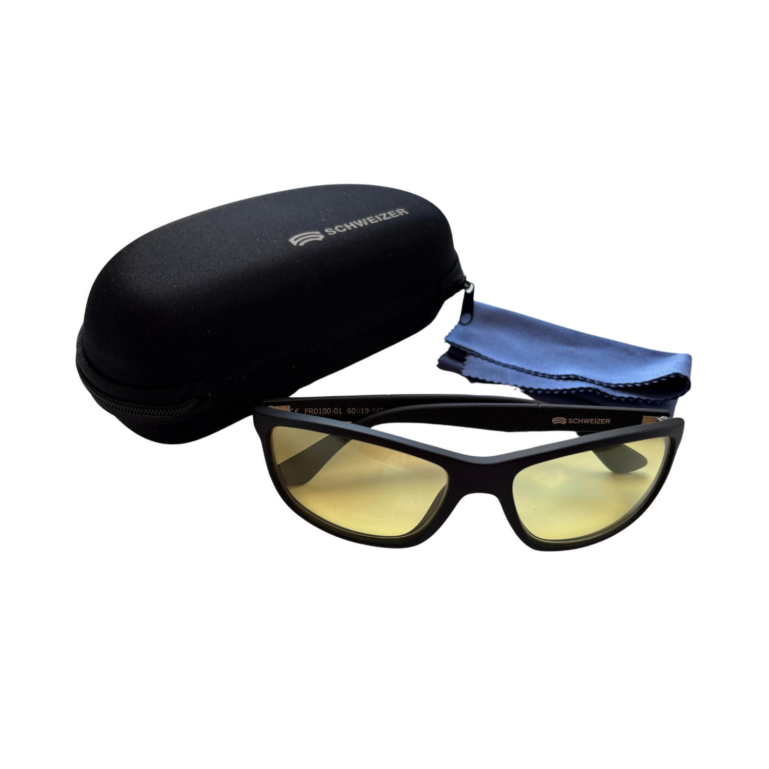 Image of Schweizer FR1 black frames with CFLED light yellow lenses, along with case and microfiber cloth.