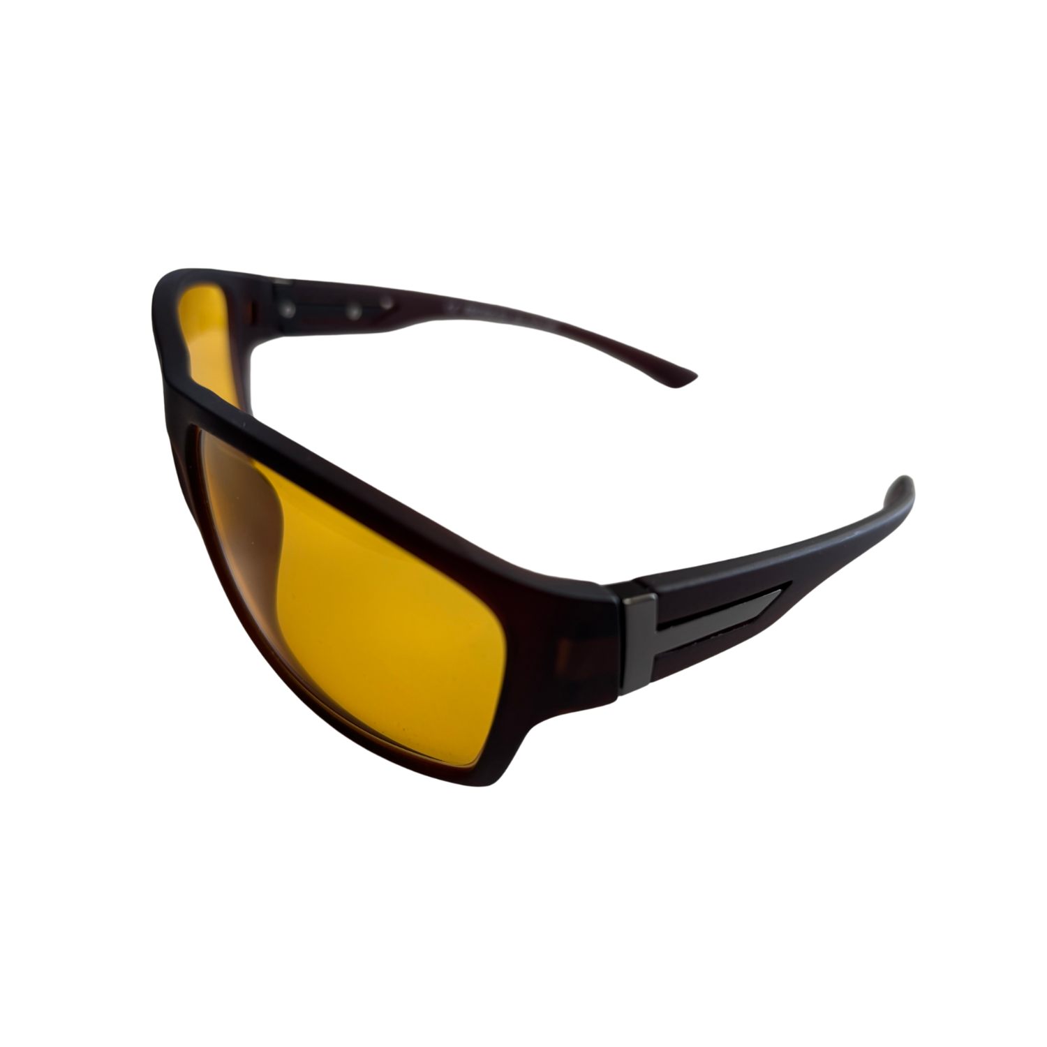 Image of the side of Schweizer's FR2 Glare Reduction Glasses with Brown Frames and Orange Tint.