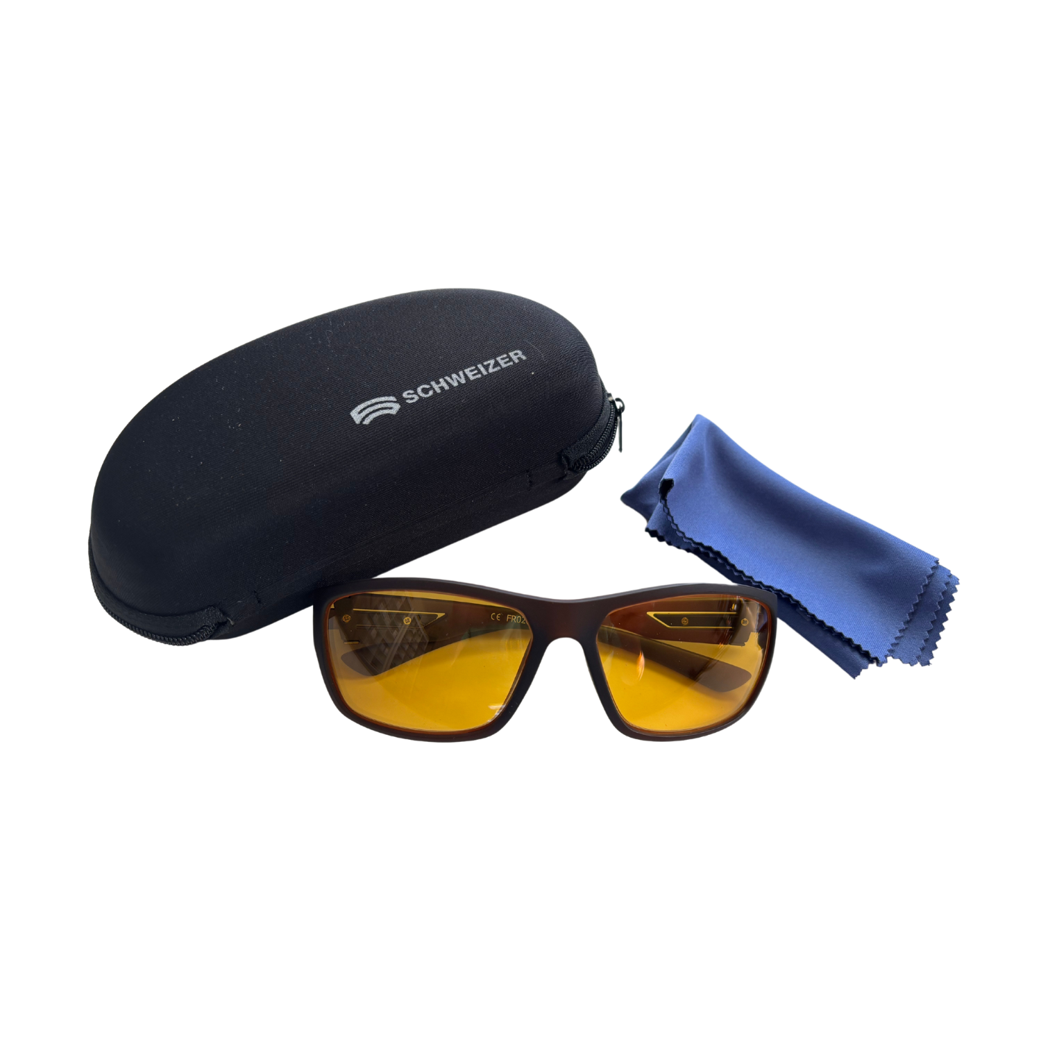 Image of Schweizer's FR2 Glare Reduction Glasses with Brown Frames and Orange Tint with included case and microfiber cloth.