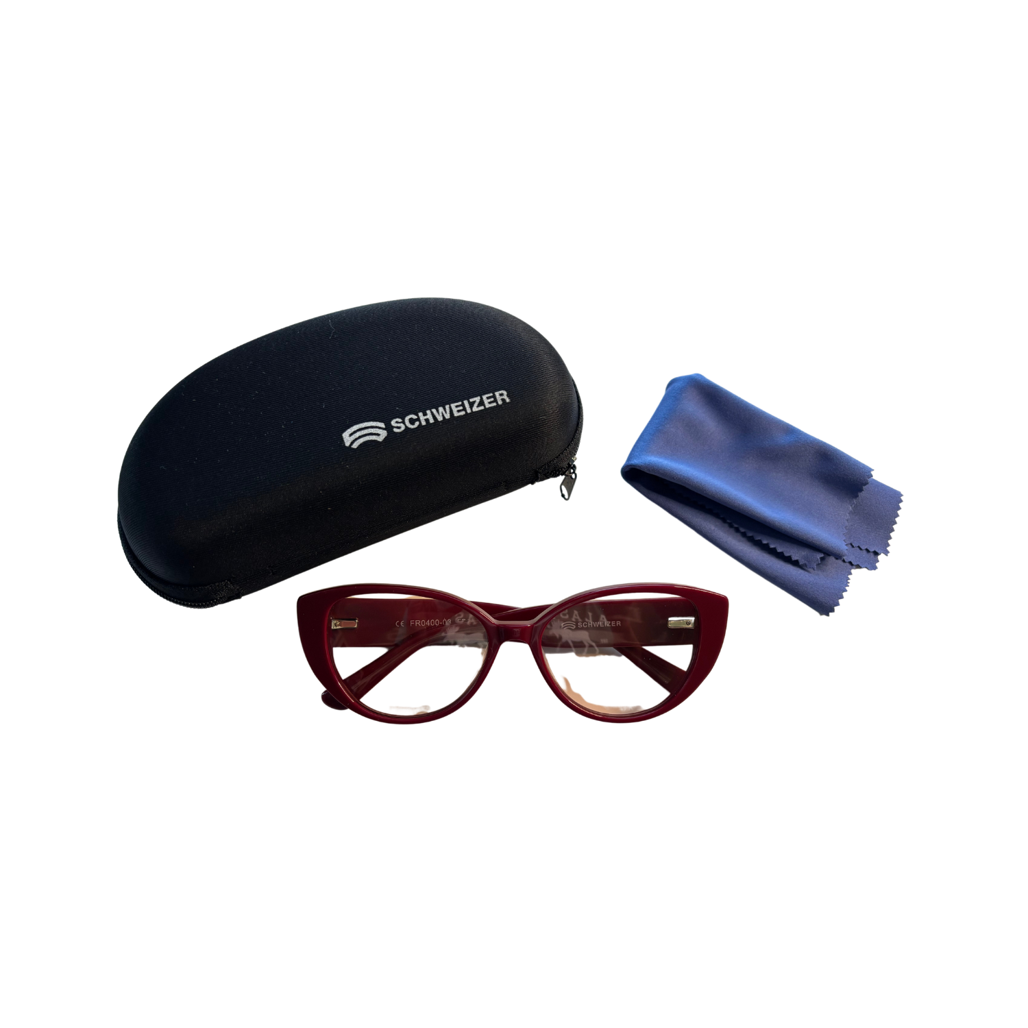 Image of Schweizer FR4 Migraine Night Driving Glasses with Red Frames and Light Rose Tint with included case and microfiber cloth.