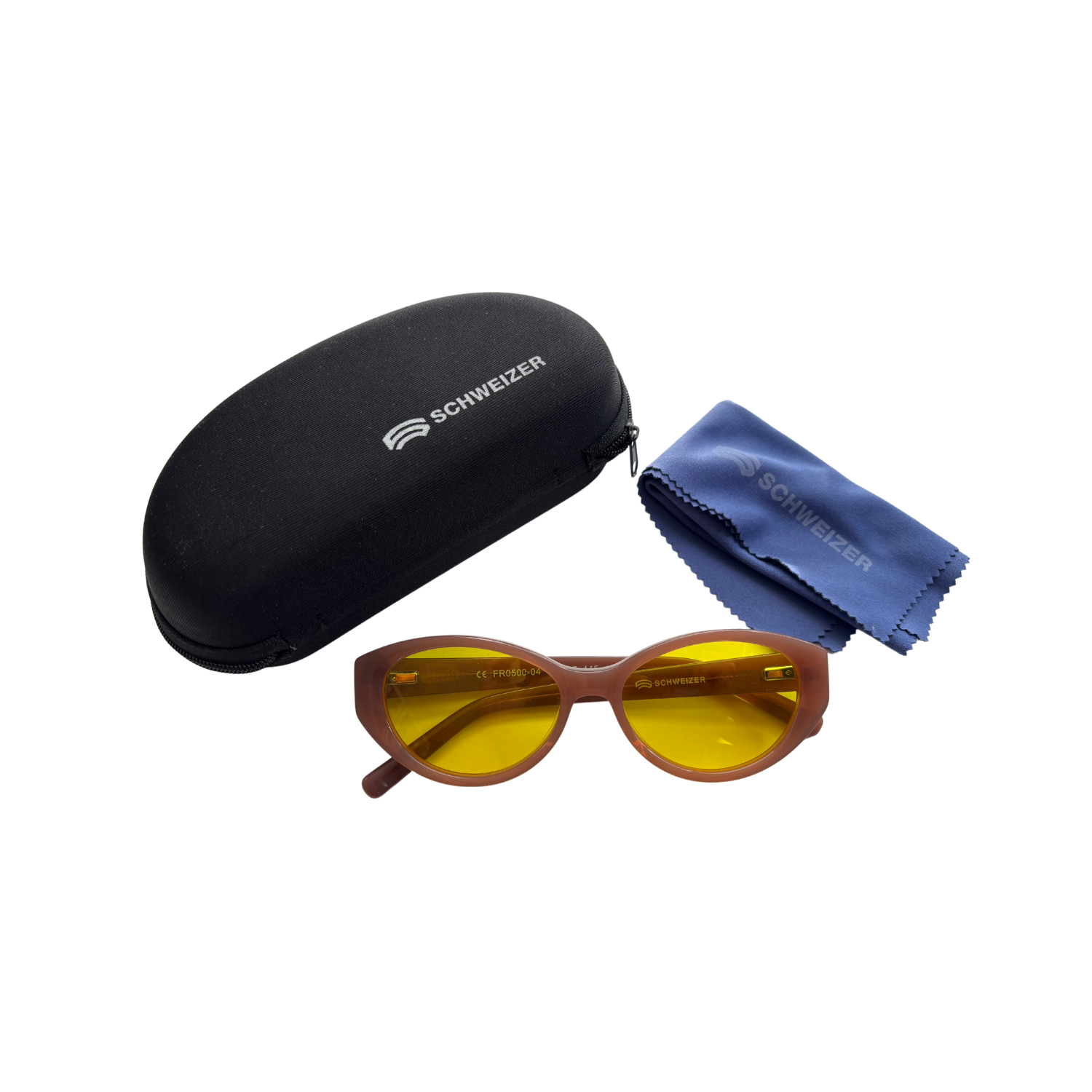 Side image of Schweizer's FR5 Pink Frames with yellow BB450 blue light blocking lenses with included case and cleaning cloth.