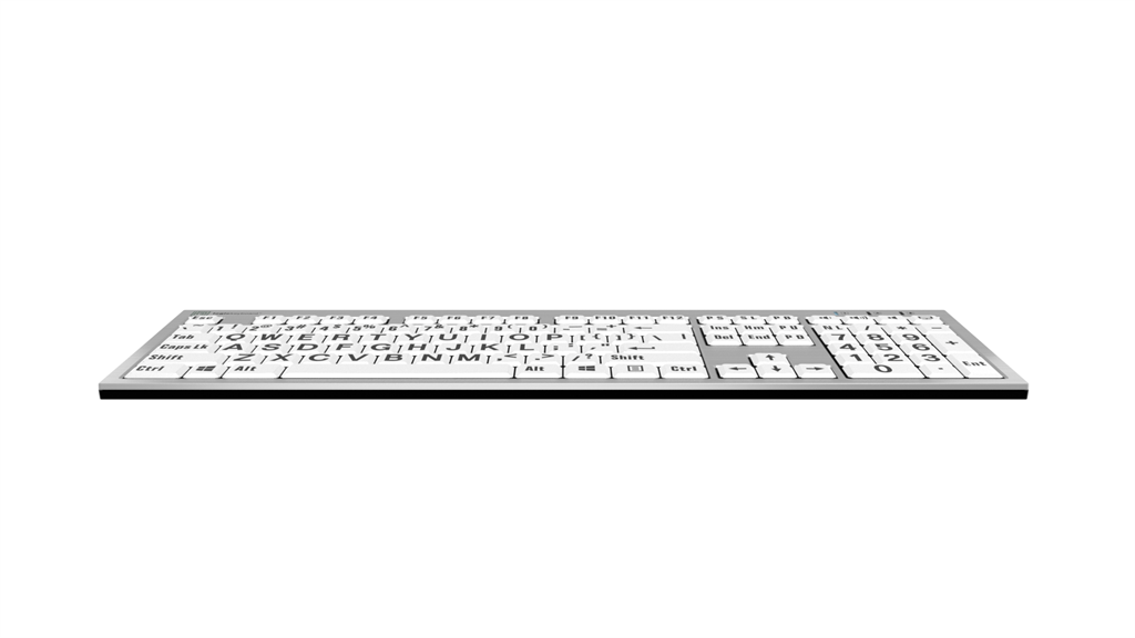 Image showing the front edge of Right angle view of the LogicKeyboard LargePrint Black on White slimline keyboard.