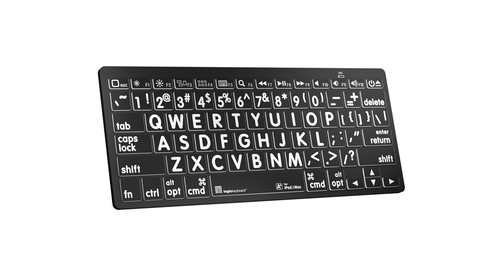 Left angle of the LargePrint Mini Bluetooth White on Black Keyboard for Mac from LogicKeyboard