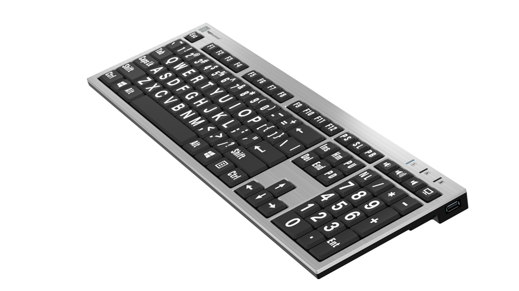 Right angle view of the LargePrint White on Black slimline keyboard from LogicKeyboard