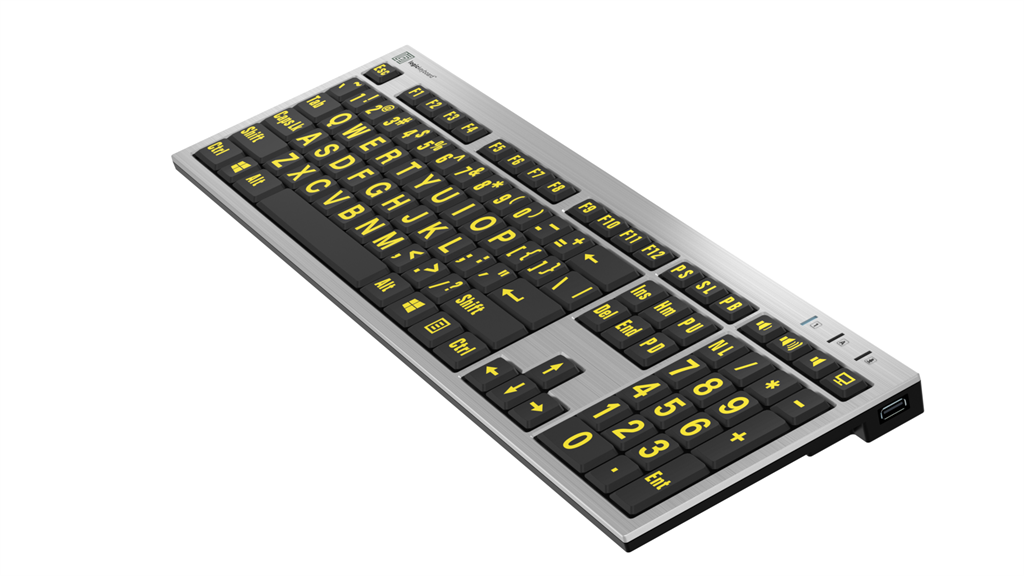 Right angle view of the LogicKeyboard LargePrint Yellow on Black slimline keyboard
