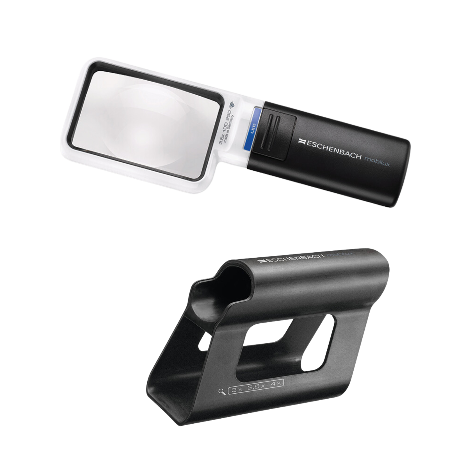 Image of the 3.5x rectangular Mobilux handheld magnifier with Mobase stand from Eschenbach.