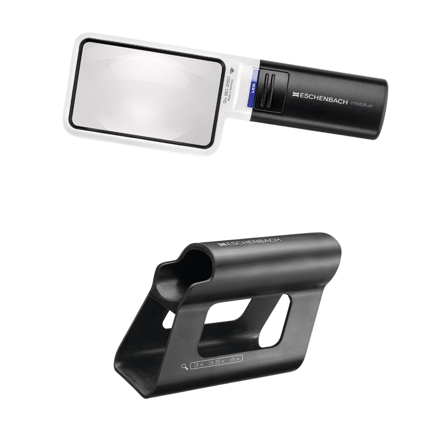 Image of the rectangular 3x Mobilux handheld magnifier with Mobase stand from Eschenbach.