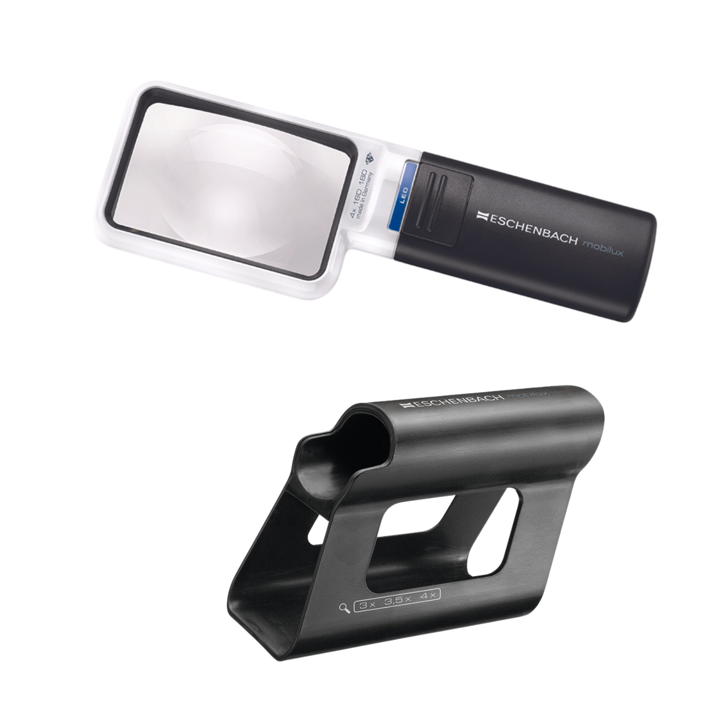 Image of the rectangular 4x Mobilux handheld magnifier with Mobase stand from Eschenbach.