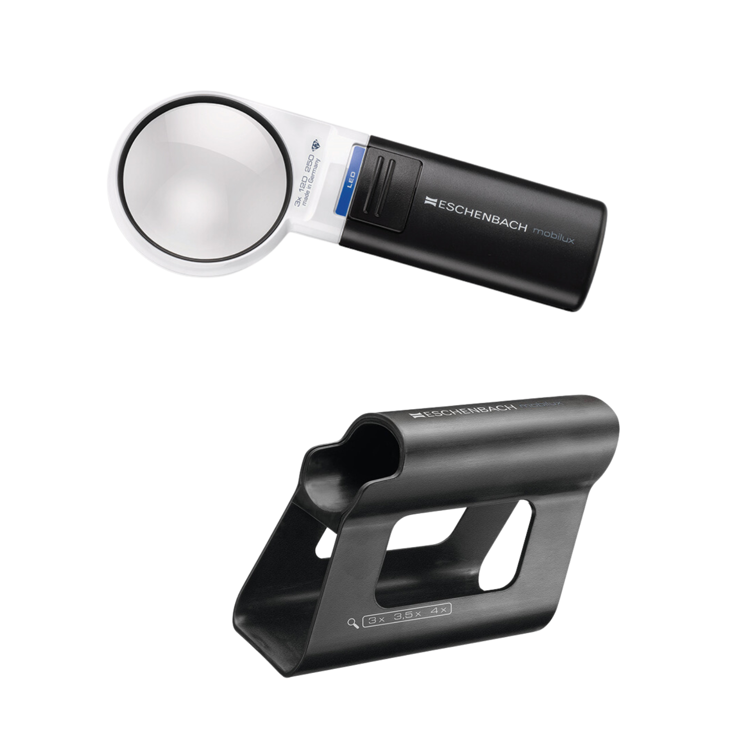 Image of the Round 3x Mobilux handheld magnifier with Mobase stand from Eschenbach.