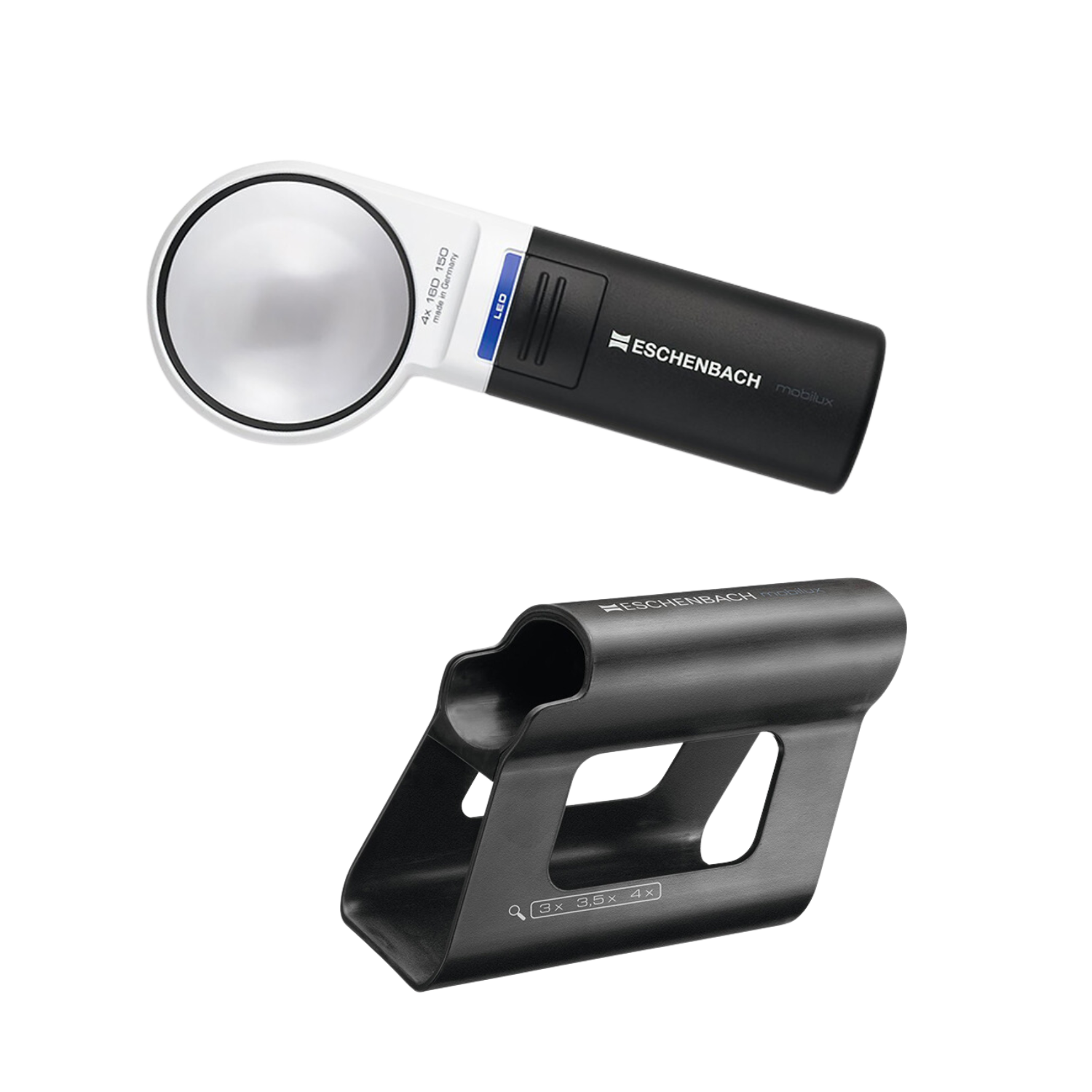 Image of the 4x Round Mobilux handheld magnifier with Mobase stand from Eschenbach.