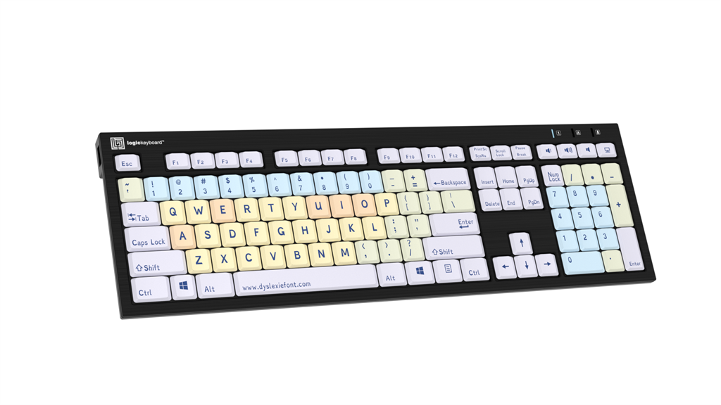 Left angle image of the LogicKeyboard Nero Dyslexie Slimline dyslexia keyboard for PC.