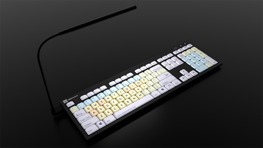 Imaage of the LogicKeyboard Nero Dyslexie Slimline dyslexia keyboard for PC with the included LogicLight.
