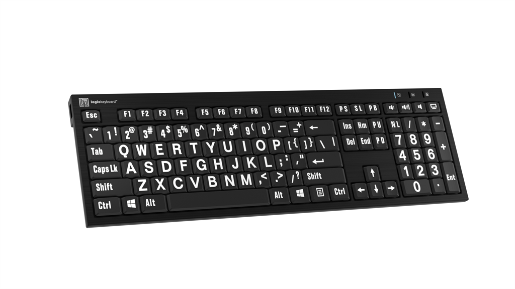 Left angle image of the LogicKeyboard Nero LargePrint Slimline White on Black Keyboard for PC.