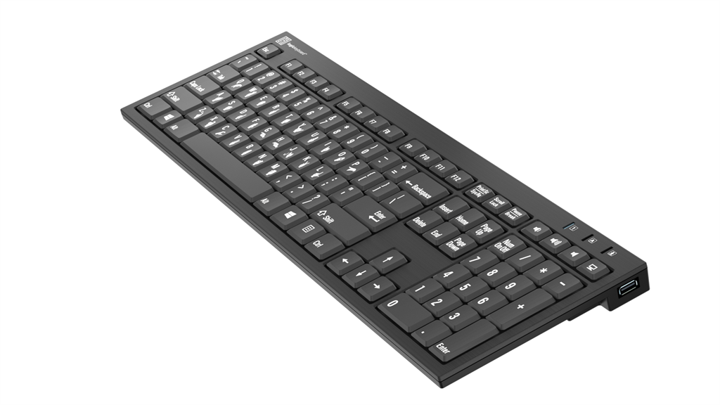 Right side angle image of the Nero Slimline Hand Sign Learning PC sign language keyboard from LogicKeyboard.