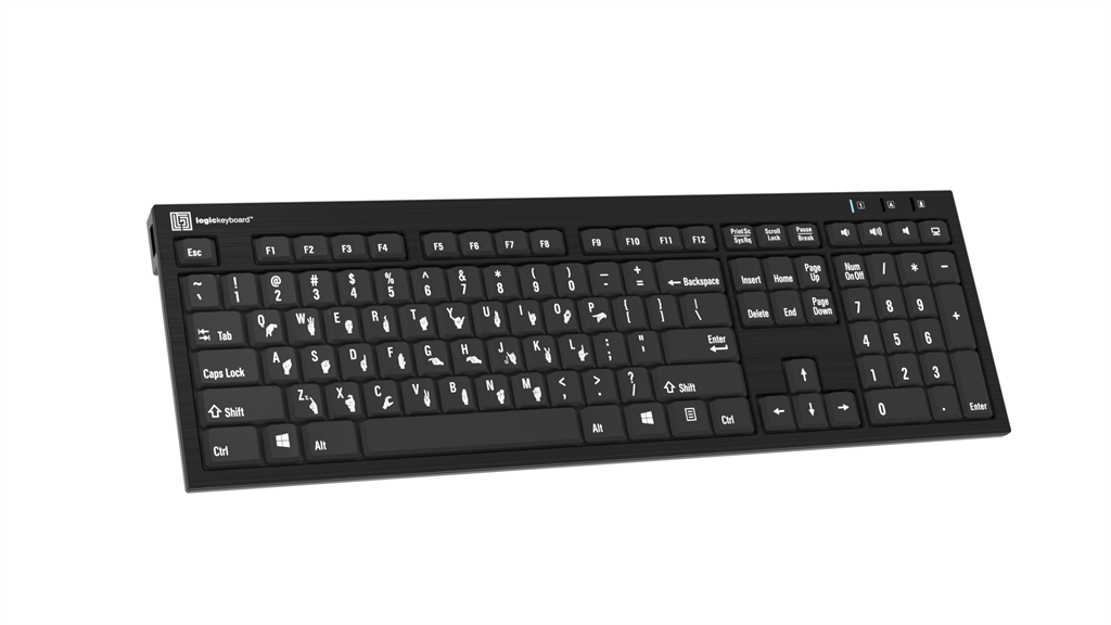Left angle of the Nero Slimline Hand Sign Learning PC sign language keyboard from LogicKeyboard.