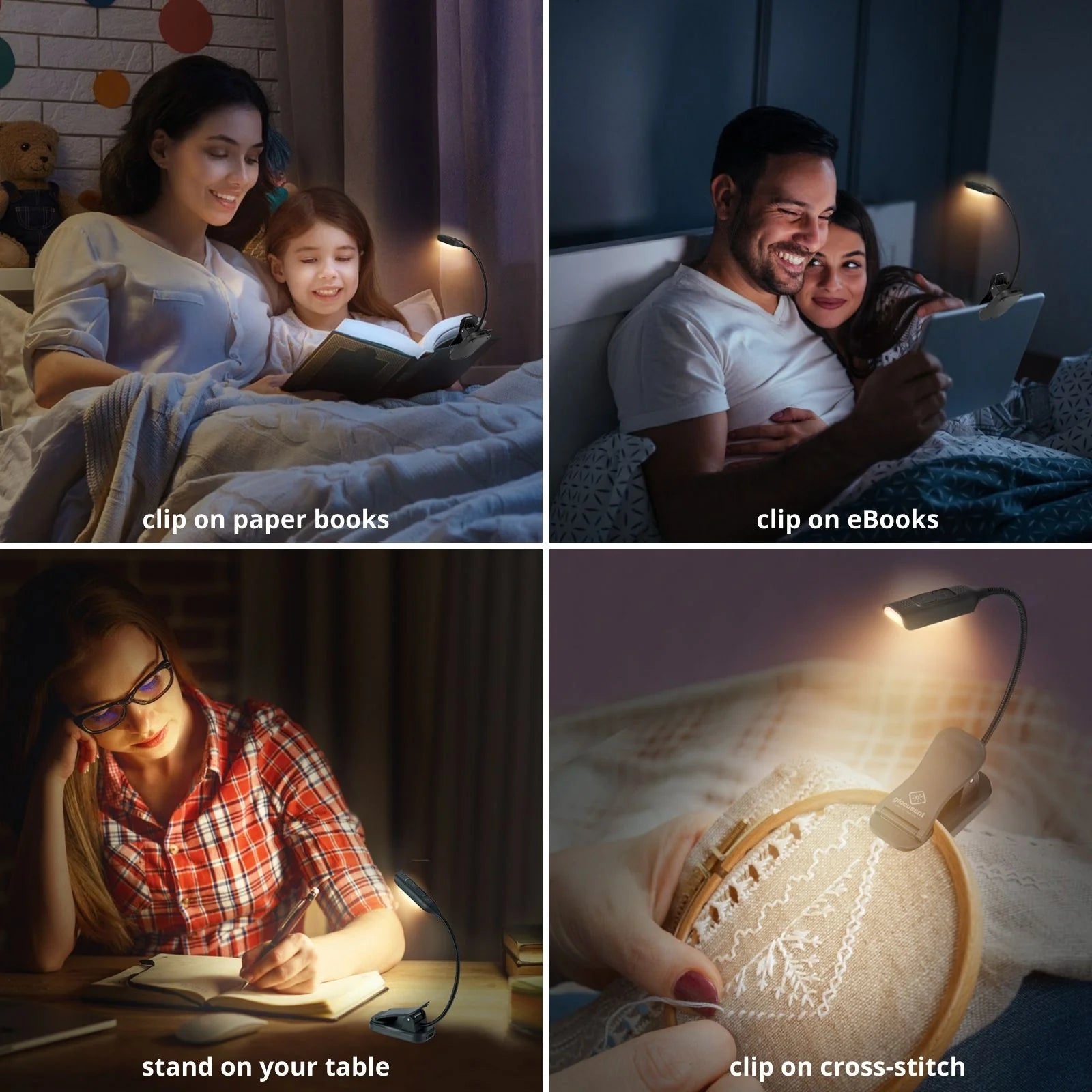 Image of using the Glocusent Clip-on Reading Light with reading books, ebooks, standing on a table, and clipped on to a cross stitch board.