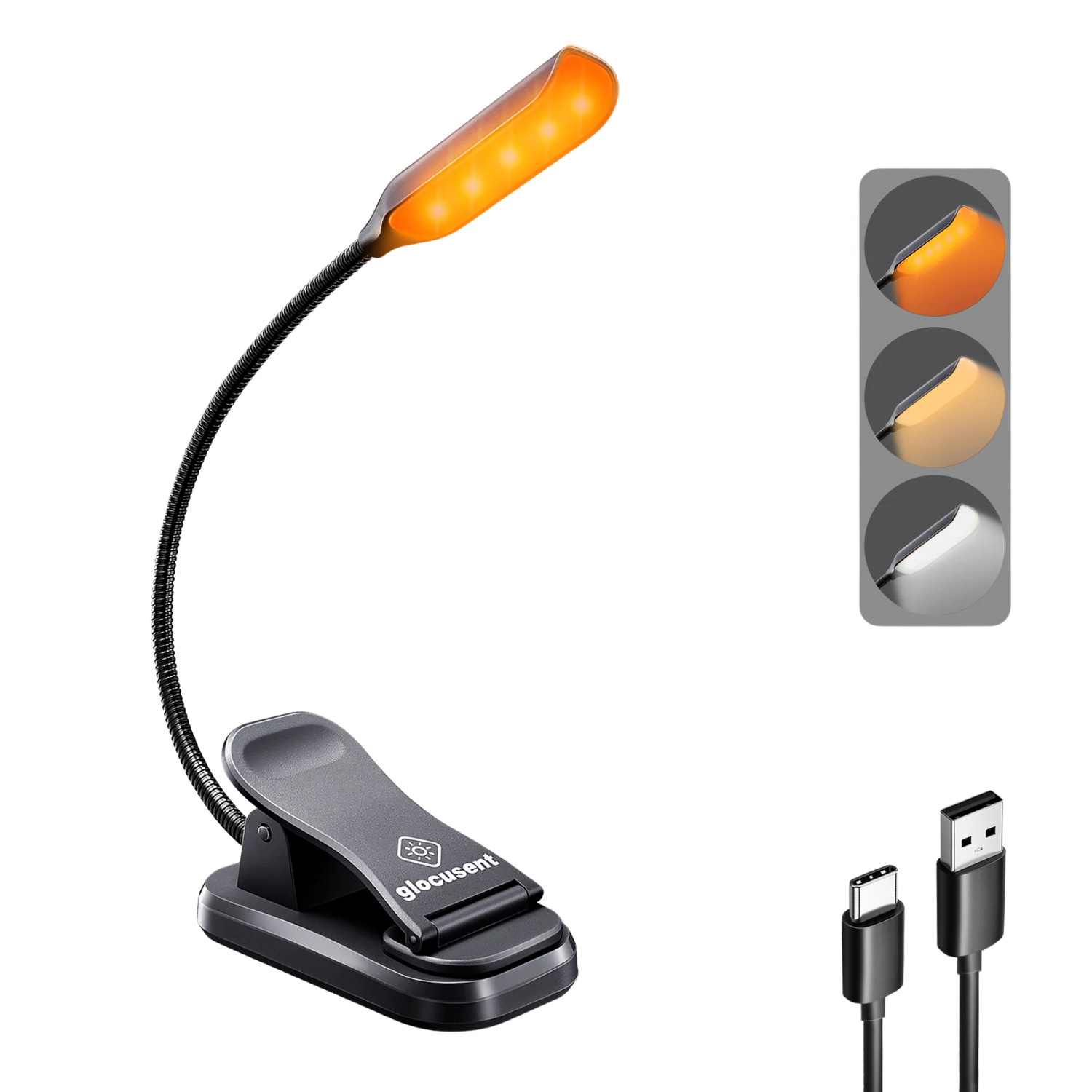 Image of the Glocusent Clip-on Reading Light with color options and charger.