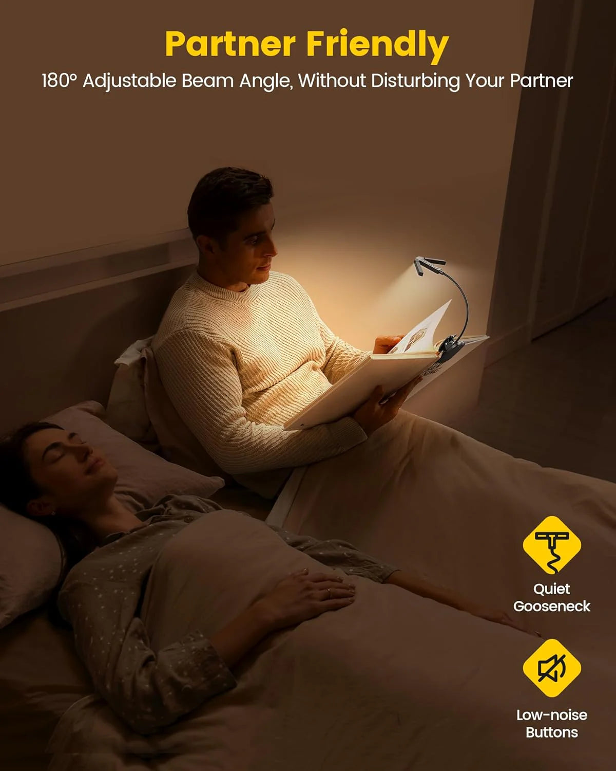 Image of a man reading a book in bed using the Glocusent Tri-Head Book Light while his partner sleeps.