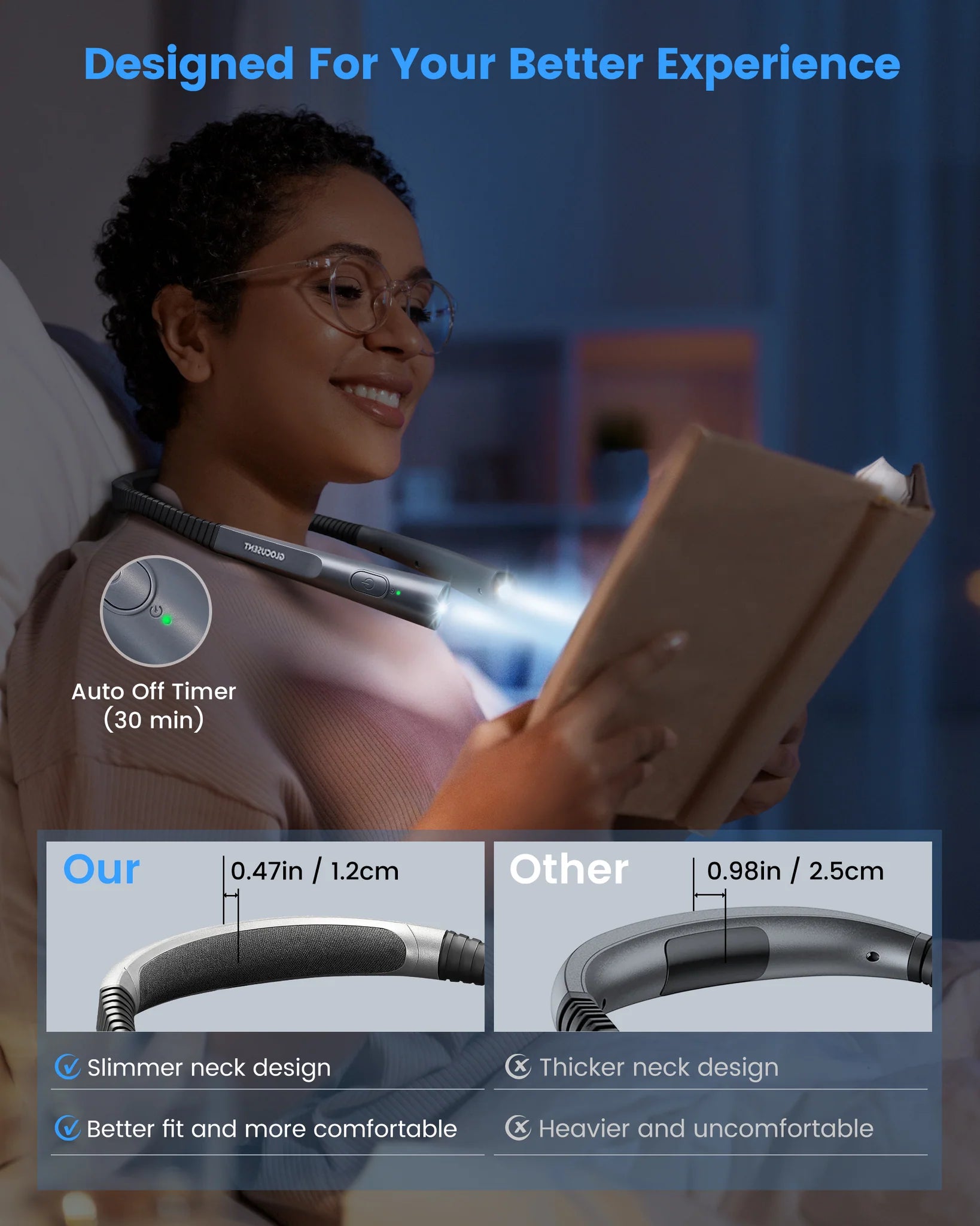 Image of a woman using the Glocusent Upgraded Neck Reading Light, as well as the neck dimensions and auto off timer feature.