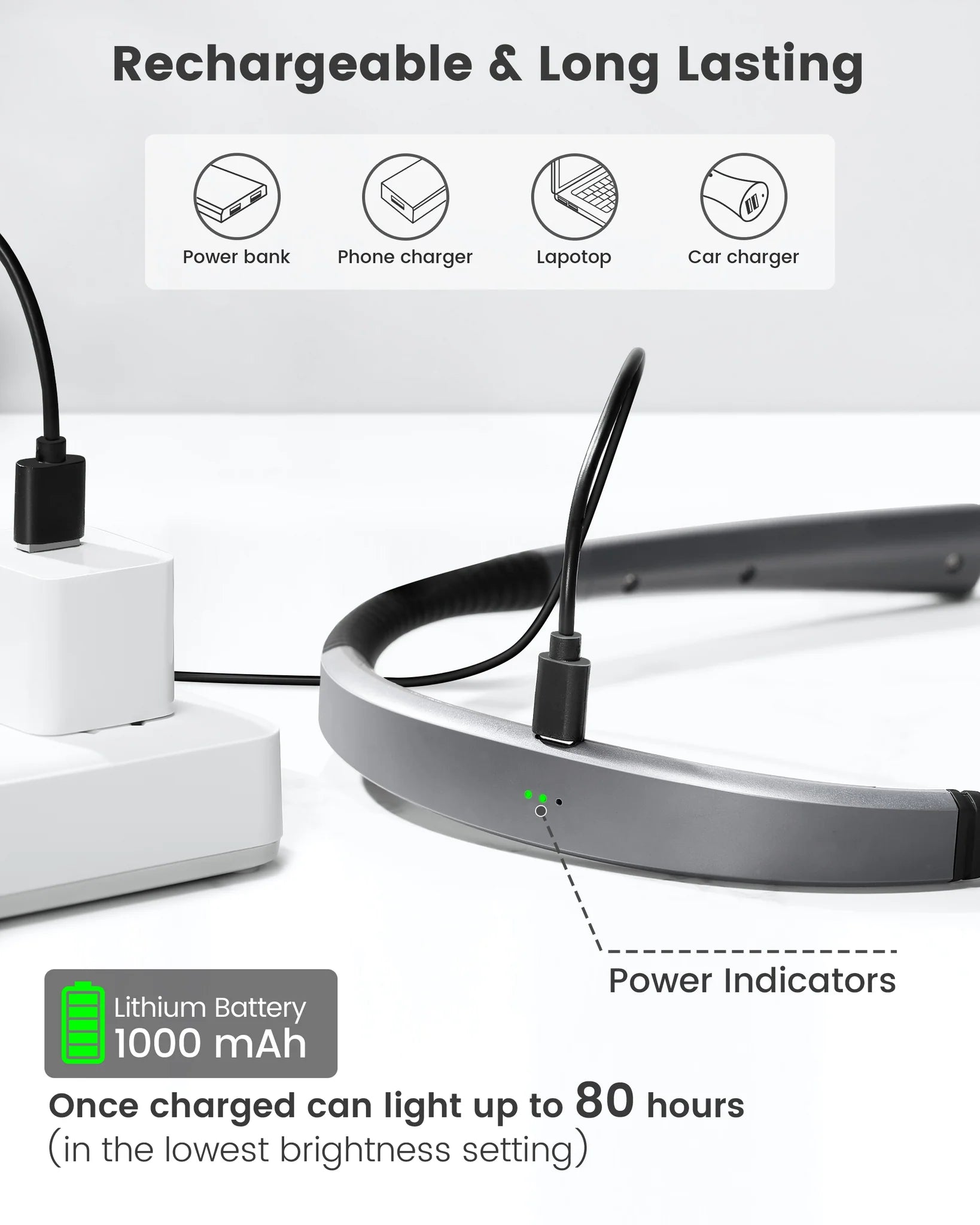 Image of the rechargeable function of the Glocusent Upgraded Neck Reading Light.