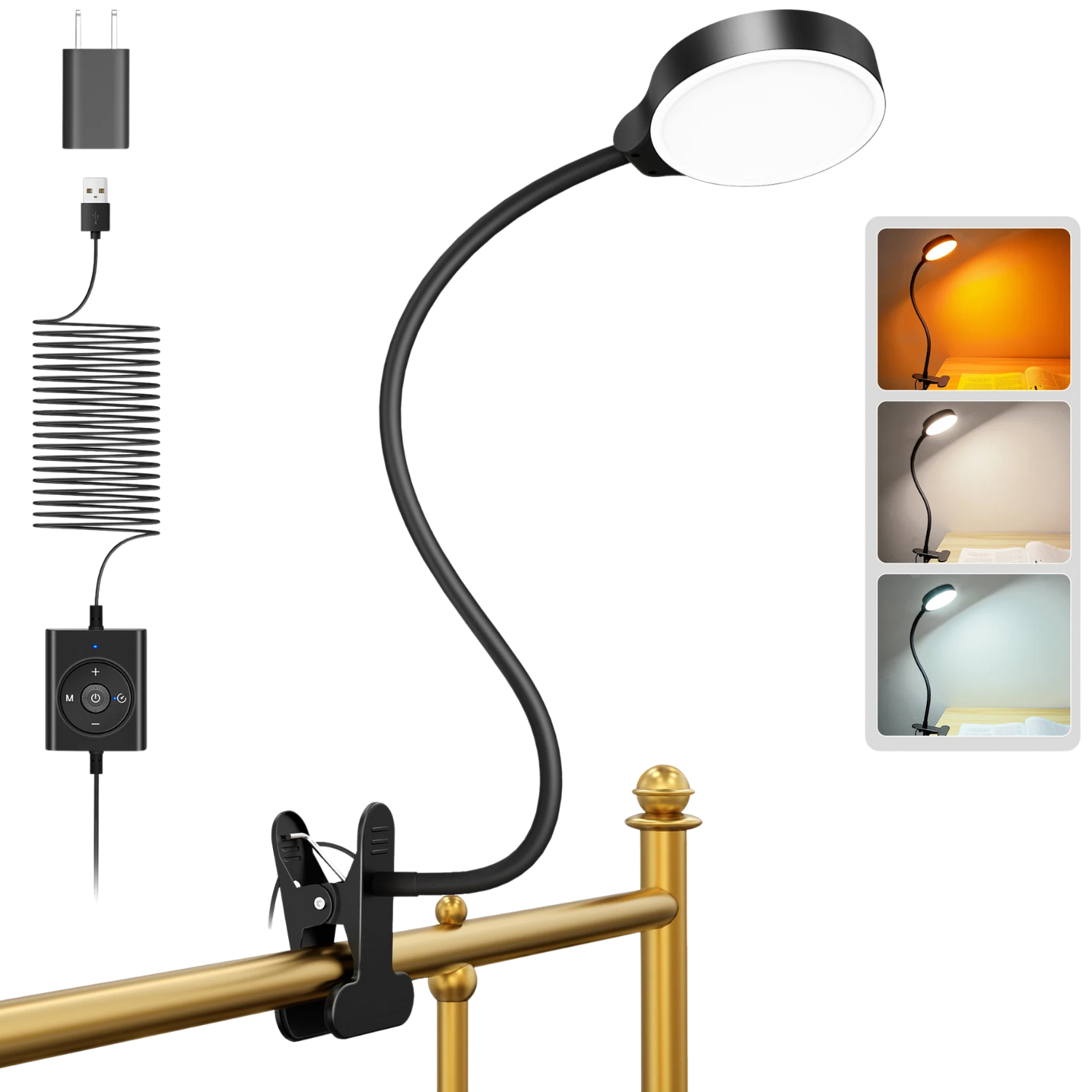 Image of the Glocusent Headboard Light attached to a headboard. In addition, images of the variety of color options and controller that comes with the light.