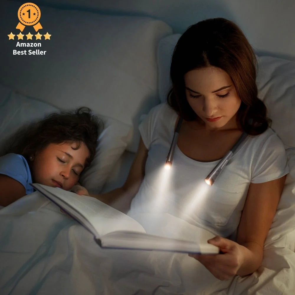 Image of a female reading a book while using the Glocusent Original Neck Reading Light.