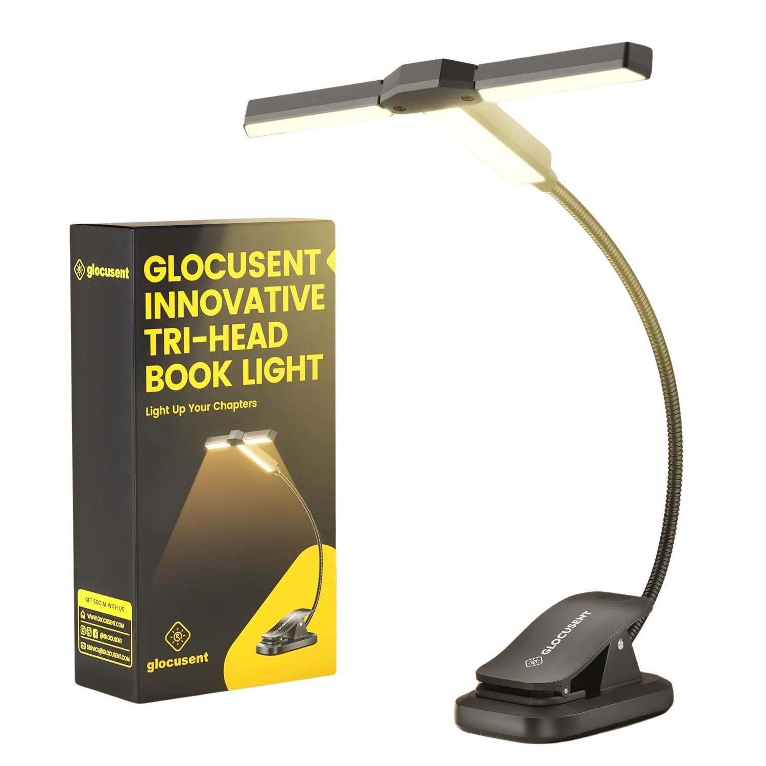 Image of the Glocusent Tri-Head Book Light as wlell as the box it comes in.