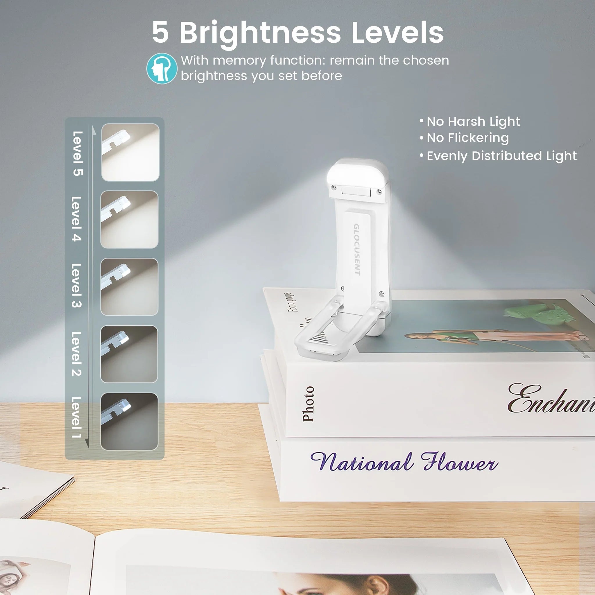 Image of the 5 brightness levels that the Glocusent USB Rechargeable Book Light offers.