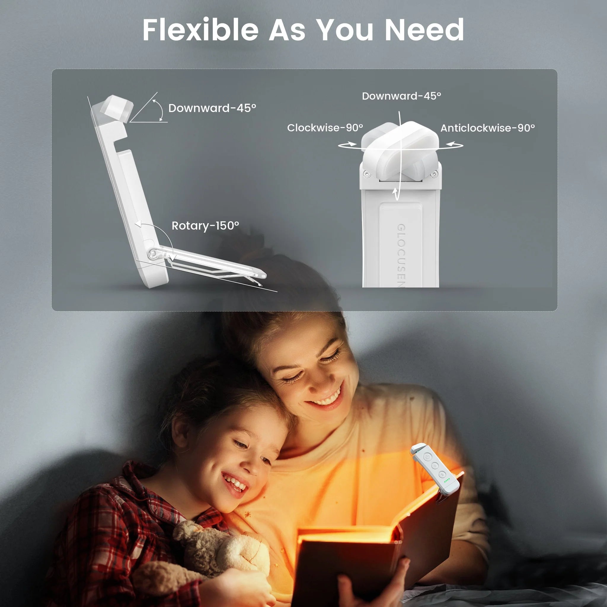 Image of the flexibility options that the Glocusent USB Rechargeable Book Light offers.