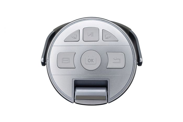 Image of the tactile buttons on the Odyssey Reader which includes a pause and play button, rewind and forward, and OK button.