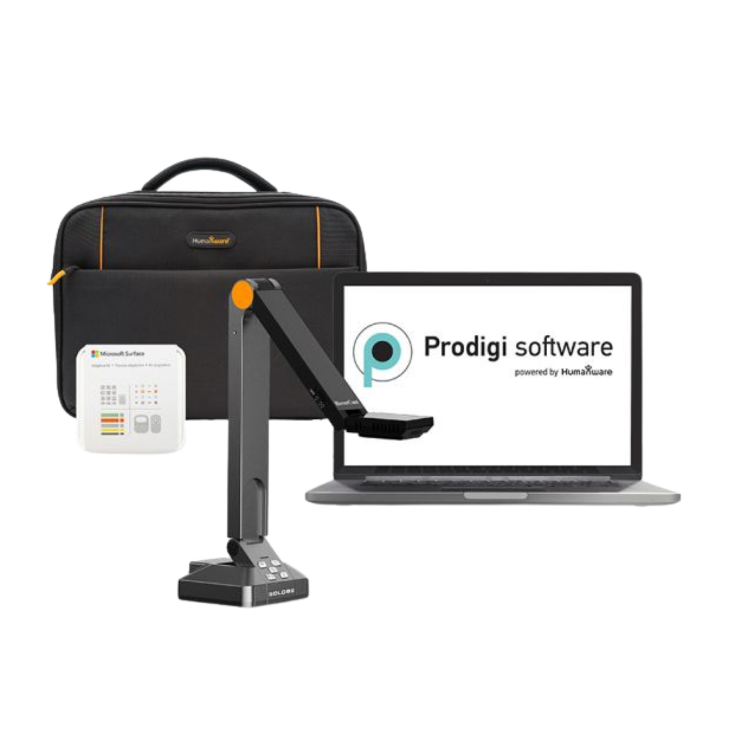 Image of the prodigi software logo, the solo 8+ camera, the Microsoft adaptive kit, and the carrying bag.

*Laptop not included.