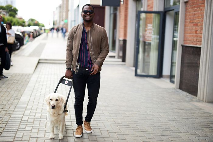 Image of a man and his guide dog walking down the street using the StellarTrek – AI-powered GPS Assistant.