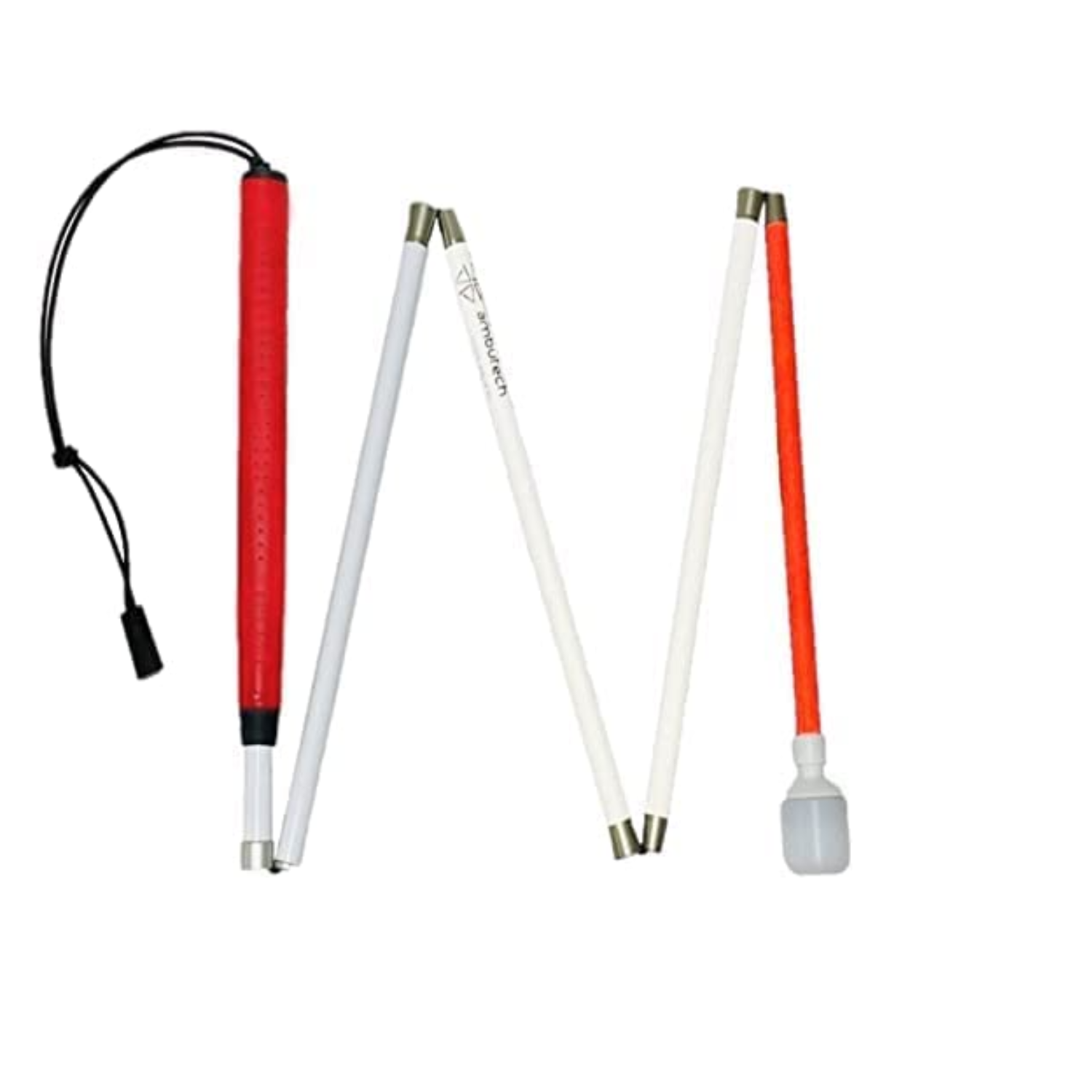 Image of white roller marshmallow tip on the No-Jab mobility cane from Ambutech.
